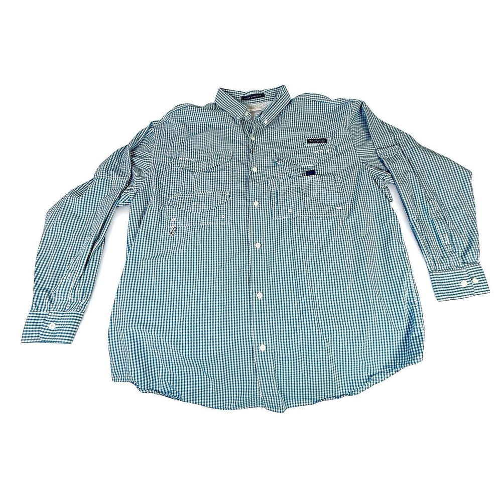 Columbia PFG Shirt Mens Large Blue Super Bonehead Fishing Check Button Up Vented